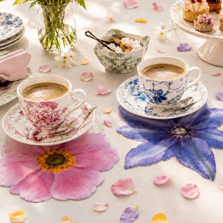 Sommerliche Kaffeetafel mit floralen Glasuntersetzern in Rosa, Blau und Gelb, Kaffeetassen und kleinen Törtchen