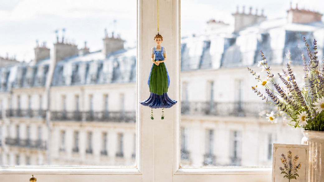 Blumenmädchen-Figur zum Hängen als Dekoration an einem hellen Fenster