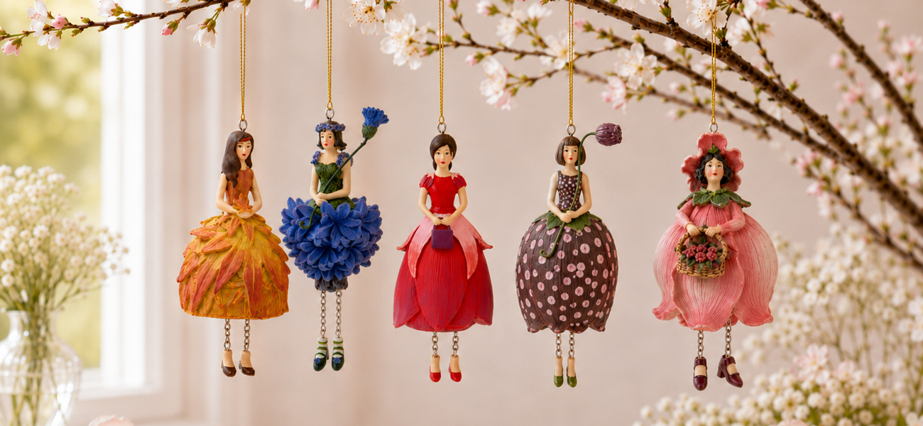 Blumenmädchen Figuren als kleine handbemalte Dekofiguren mit floralen Motiven hängend an einen Zweig