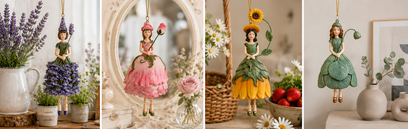 Mehrere handbemalte Blumenmädchen Figuren als Dekoration für Landhausstil, Shabby Chic, moderne und saisonale Wohnstile