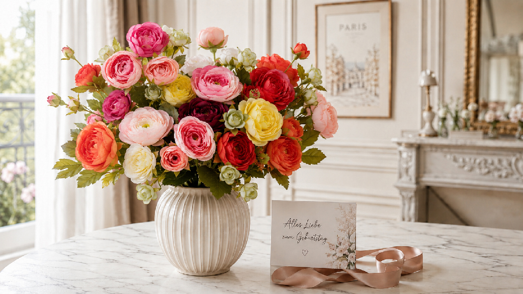Haltbarer Blumenstrauß zum Geburtstag in einer eleganten Keramikvase