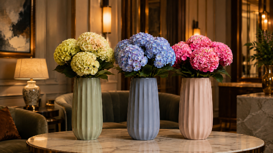 Artificial hydrangeas in green, blue and pink displayed in three decorative vases