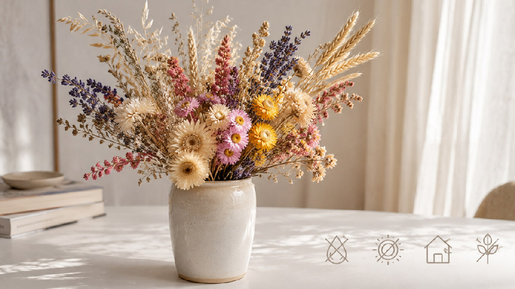Colourful dried flower bouquet in a ceramic vase with symbols for dried flower care