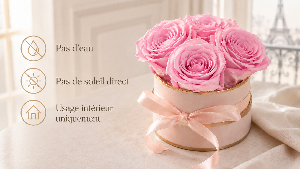 Roses éternelles dans une décoration élégante, conservées sans eau et à l’abri du soleil direct