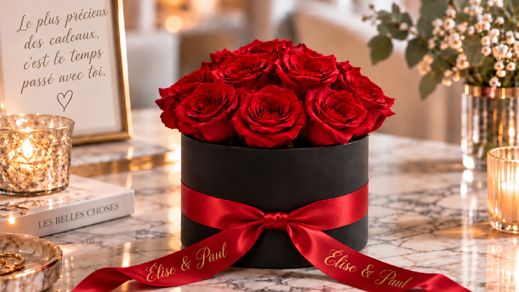 Boîte à roses personnalisée noire avec roses éternelles rouges et ruban de satin rouge dans un intérieur élégant