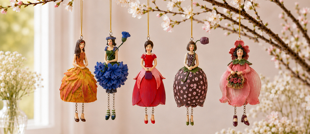 Collection de cinq Figurines Filles aux Fleurs suspendues à une branche fleurie