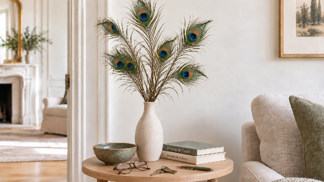 Peacock feathers arranged in a white vase in a bright, elegant living room