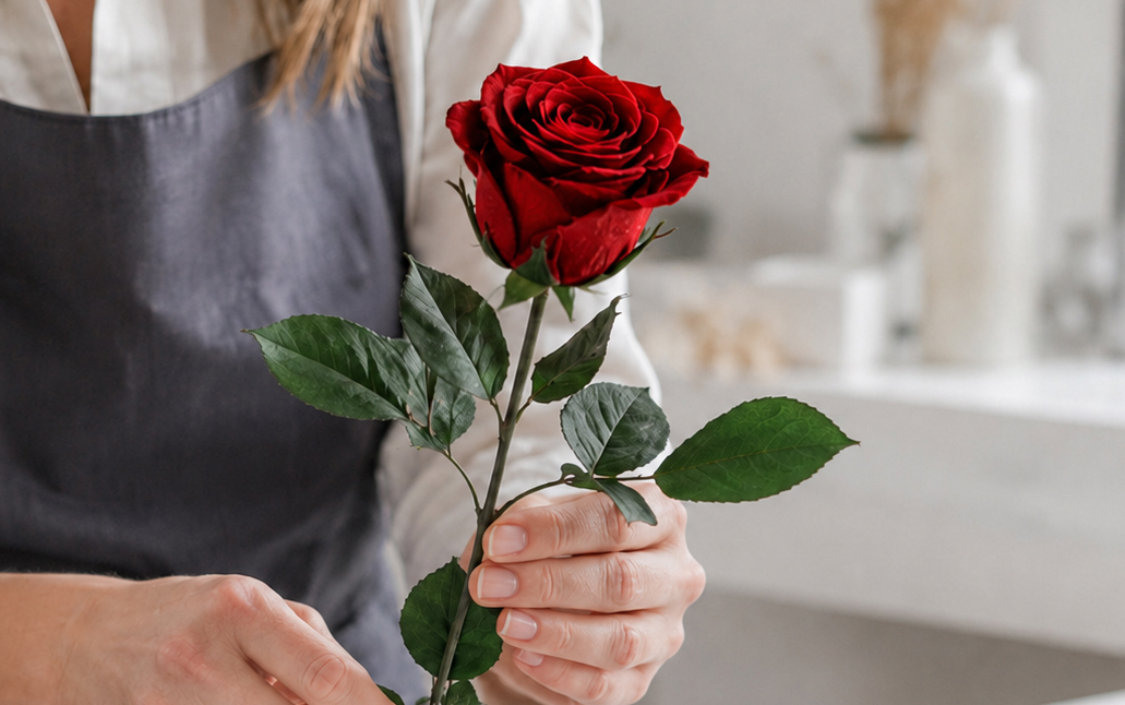 Rote echte konservierte Infinity Rose mit Stiel und Blättern in den Händen einer Floristin.