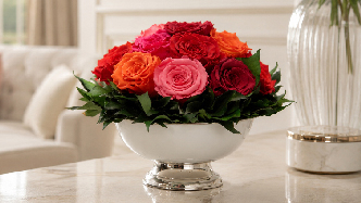 Infinity Rosen Gesteck mit roten, rosa und orangefarbenen Rosen an einem hellen, vor direkter Sonne geschützten Standort