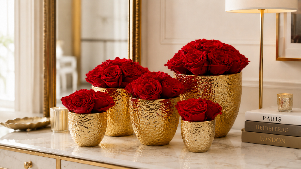 Rote Infinity Rosen in goldfarbenen Keramikvasen als luxuriöse Modern-Classic-Dekoration