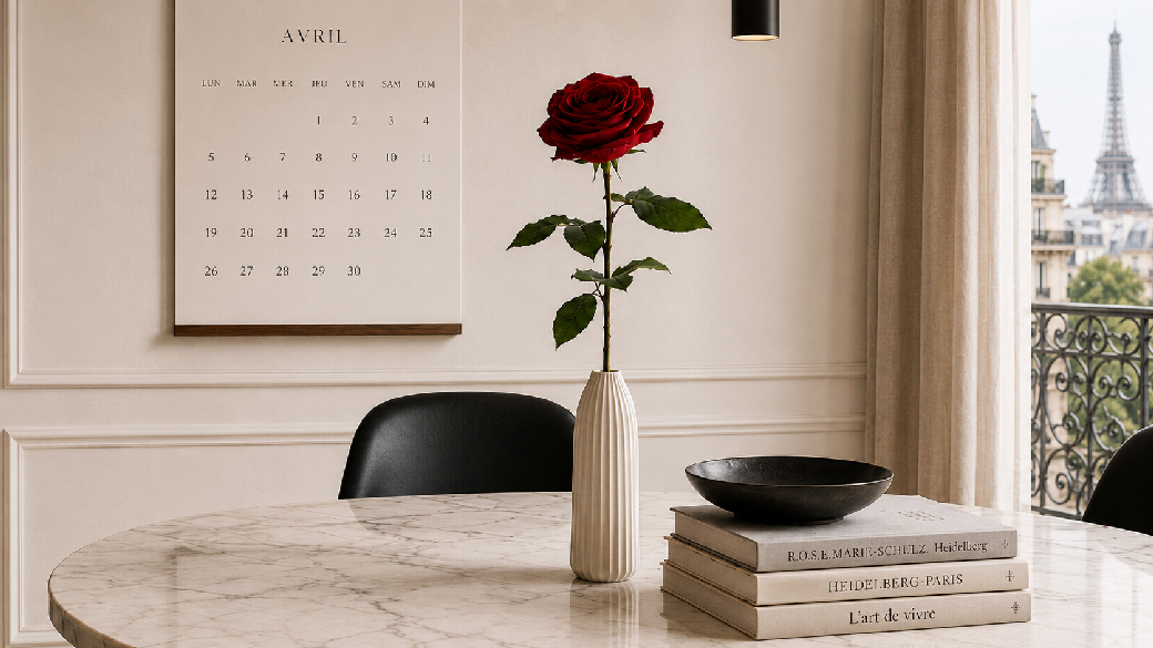 Rose éternelle rouge dans un vase élégant, décoration intérieure au style parisien