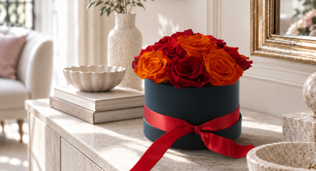 Runde schwarze Rosenbox mit roten und orangefarbenen Infinity Rosen und rotem Satinband auf einer hellen Marmorkonsole