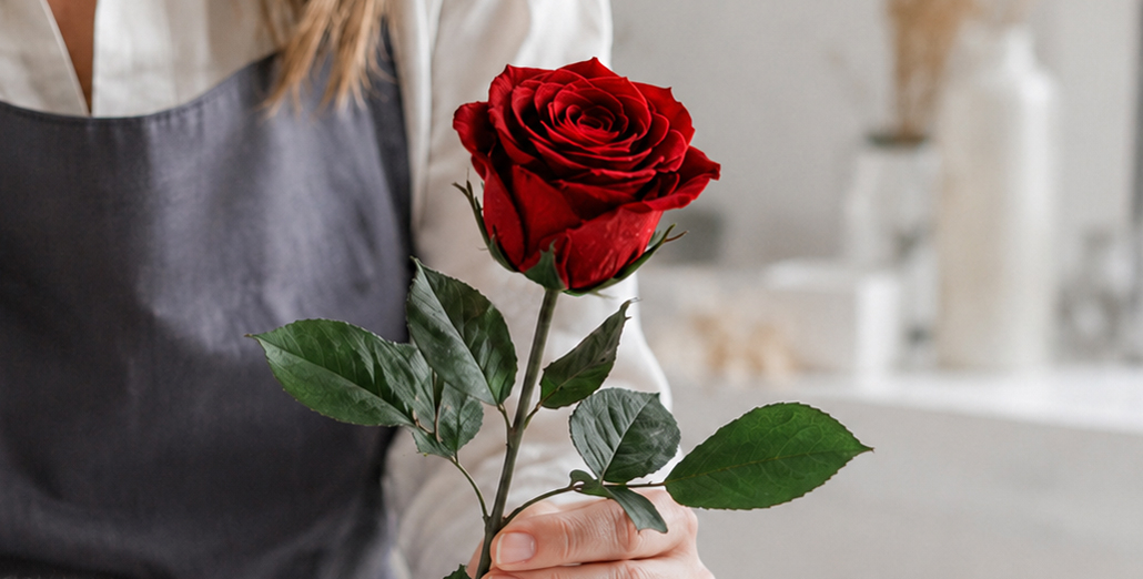 Véritable rose éternelle rouge avec tige et feuilles tenue par une fleuriste