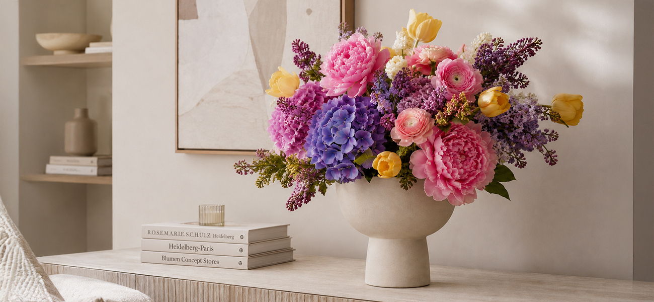 Kunstblumen in einer Vase auf einem hellen Sideboard als stilvolle Dekoration für Zuhause
