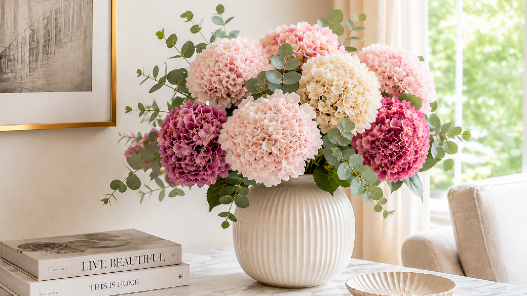Kunsthortensien in Rosa, Creme und Beerentönen mit Eukalyptus in einer geriffelten Keramikvase