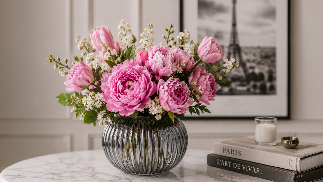 Hochwertiges Kunstblumenarrangement mit rosa Pfingstrosen und Tulpen im modernen Pariser Wohnstil