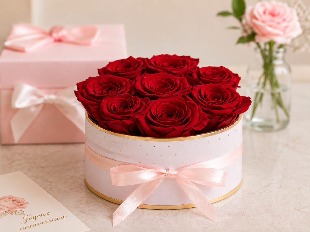 Boîte ronde rose pâle garnie de roses éternelles rouges avec nœud en satin