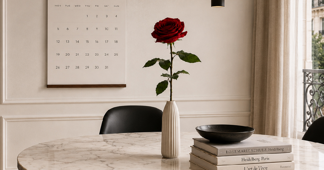 Dunkelrote Infinity Rose mit Stiel in einer modernen Vase als langlebige florale Dekoration
