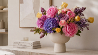 Colourful artificial flower arrangement with peonies, hydrangeas and tulips in a modern interior