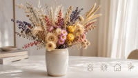 Colourful dried flower bouquet in a ceramic vase with symbols for dried flower care