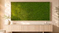 Large preserved moss wall art above a sideboard in a modern living room