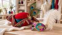 Roter Dreispitz mit Pfauenfedern neben einer bunten Paillettenmaske mit weißer Straußenfeder im hellen Atelier