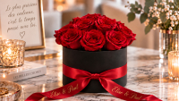 Boîte à roses personnalisée noire avec roses éternelles rouges et ruban de satin rouge dans un intérieur élégant