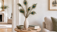 Peacock feathers arranged in a white vase in a bright, elegant living room