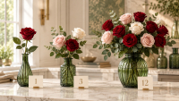 Trois compositions de une, trois et douze roses rouges, roses et crème dans des vases en verre vert.