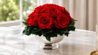 Rotes Rosengesteck aus konservierten Rosen in einem silberfarbenen Gefäß in einem hellen Wohnraum