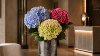 Kunsthortensien in Blau, Pink und Grün-Creme in einer hohen silberfarbenen Vase im Boutique-Hotel-Ambiente