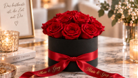Personalisierte schwarze Rosenbox mit roten Infinity Rosen und rotem Satinband mit goldener Namensbeschriftung auf einem Marmortisch
