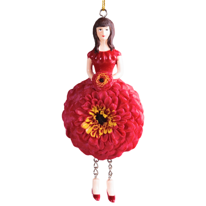 Front view of the same red zinnia hanging flower maiden figurine with red bodice, yellow and black flower center and movable dangling legs.