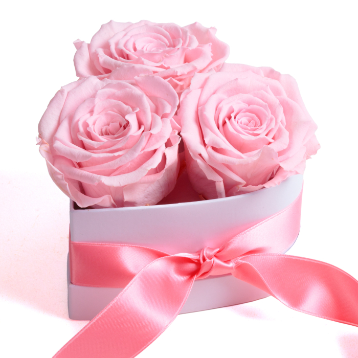 Boîte cœur pour la Fête des Mères avec trois roses éternelles rose tendre et ruban satin rose, présentée comme un cadeau plein d’amour pour maman