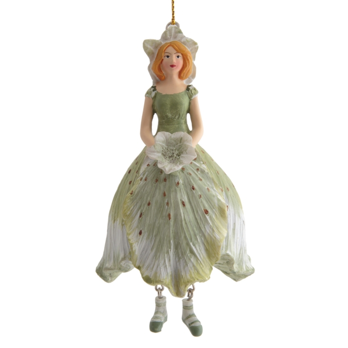 Blumenmädchen Figur Christrose Weiß in Frontalansicht, handbemalte Hängefigur mit weiß-grünem Blütenkleid, heller Christrose in den Händen, orangeblondem Haar und Wackelbeinchen.