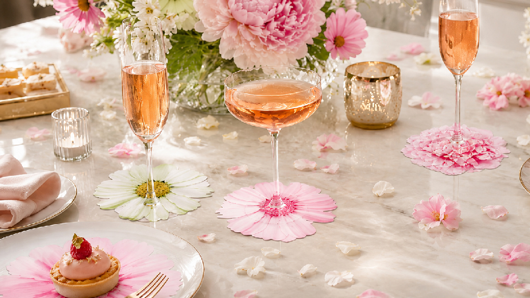 Florale Glasuntersetzer mit Margeriten- und Pfingstrosenmotiv unter verschiedenen Gläsern mit Rosé-Champagner