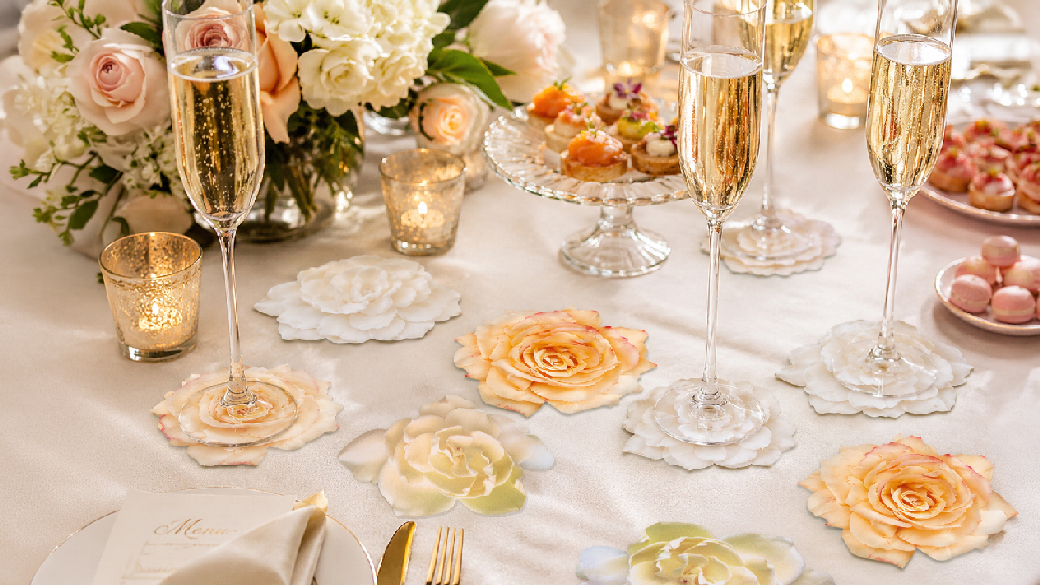 Festliche Hochzeitstafel mit weißen und cremefarbenen Glasuntersetzern in Rosen- und Kamelienform sowie Champagnergläsern
