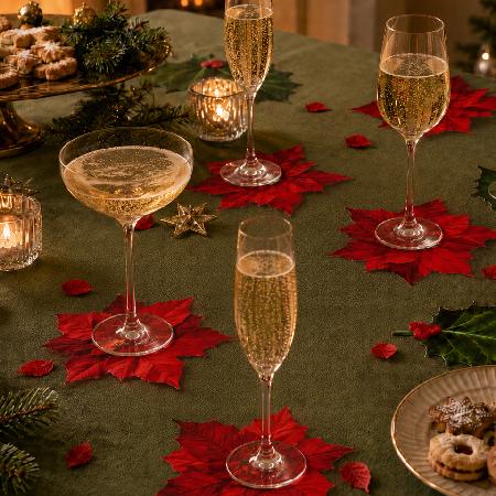 Weihnachtliche Tischdekoration mit roten Weihnachtsstern- und grünen Ilex-Glasuntersetzern unter verschiedenen Champagnergläsern