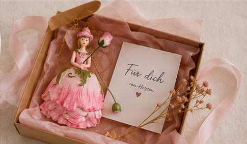 Blumenmädchen Figur liebevoll verpackt als Geschenkidee zum Geburtstag, Muttertag oder als kleines Dankeschön