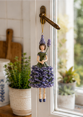 Blumenmädchen Figur Lavendel als natürliche Dekoration im Landhausstil an einem hellen Küchenfenster