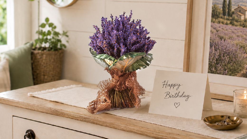 Natürlicher Trockenblumenstrauß mit Lavendel als Geburtstagsgeschenkare Geburtstagsgeschenke