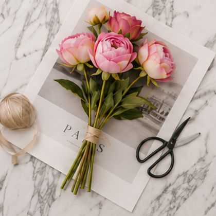 Pink artificial peony stems with scissors ready for arranging and shortening