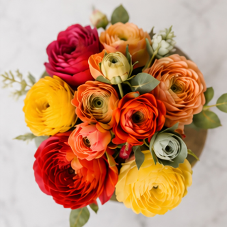 Colourful artificial ranunculus flowers in red orange yellow and soft pink shades