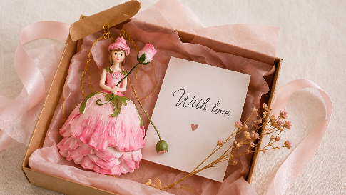 Pink Rose Flower Girl figurine presented in a gift box with a personal card