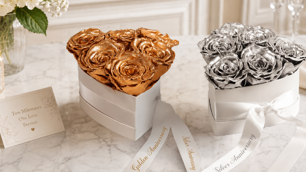Gold and silver preserved rose boxes for silver and golden wedding anniversaries