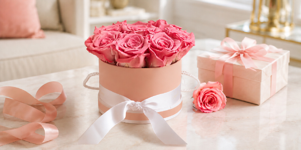 Coral preserved rose box with gift box as an elegant birthday present