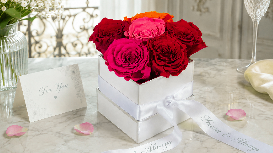 Colourful preserved roses in a white rose box with personalised satin ribbon