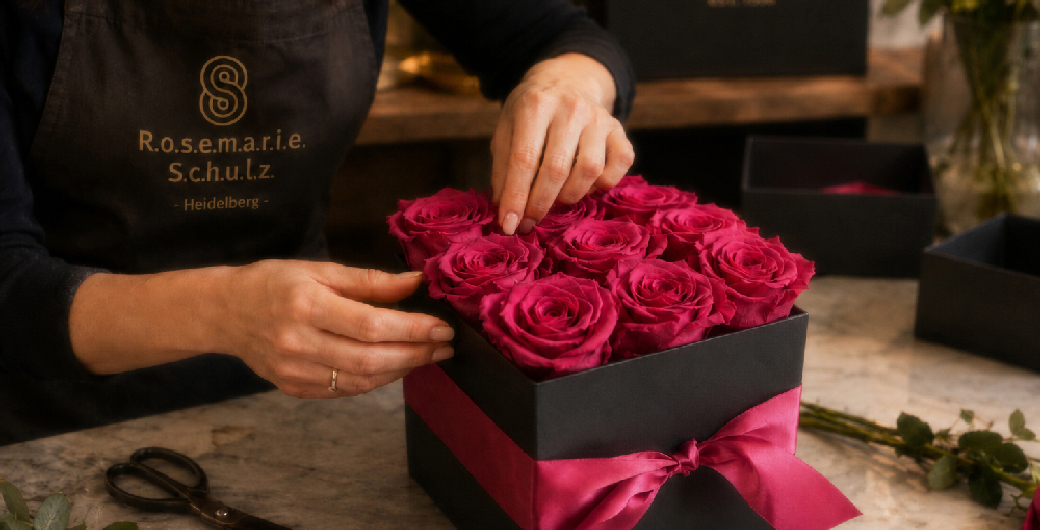 Rosemarie Schulz arranging pink preserved roses by hand in a rose box in Heidelberg
