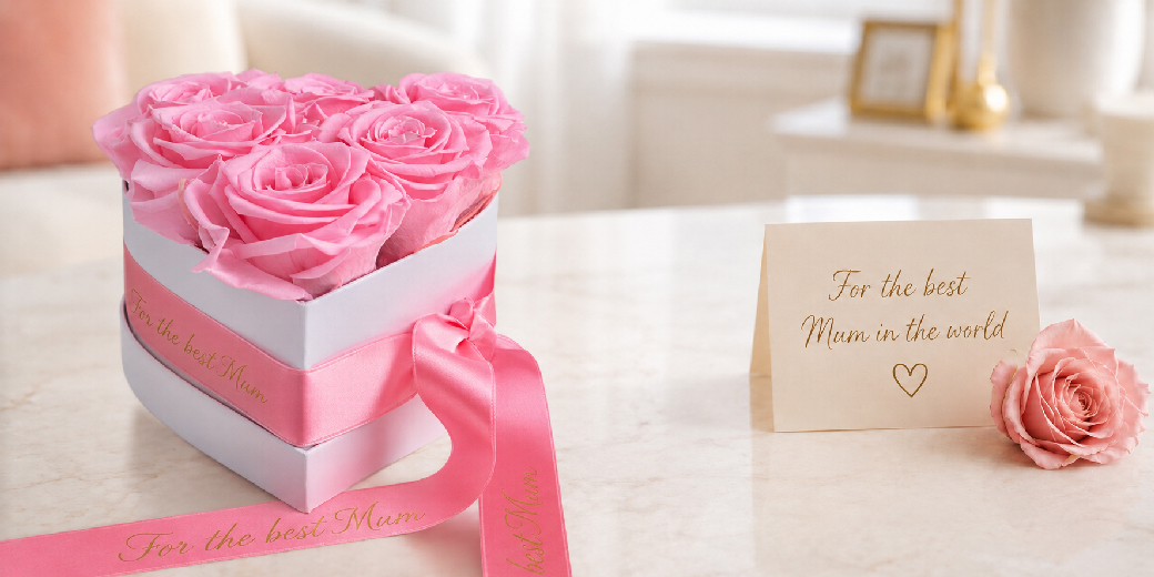 Pink preserved rose heart box with personalised ribbon as a Mother’s Day gift