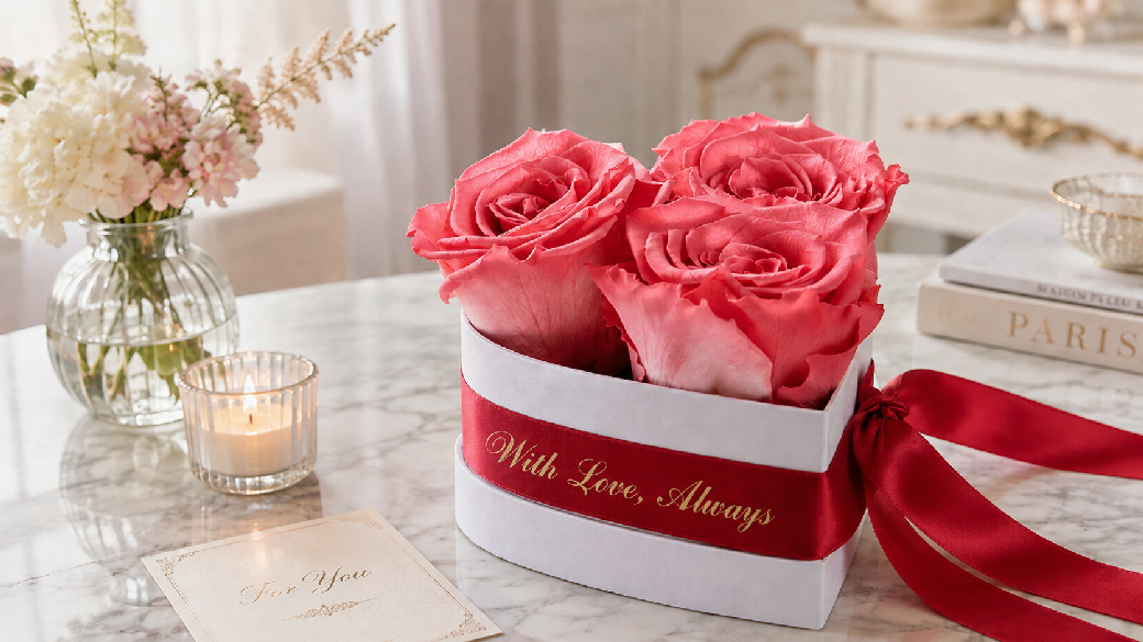 Pink preserved roses in a heart-shaped box with personalised anniversary ribbon